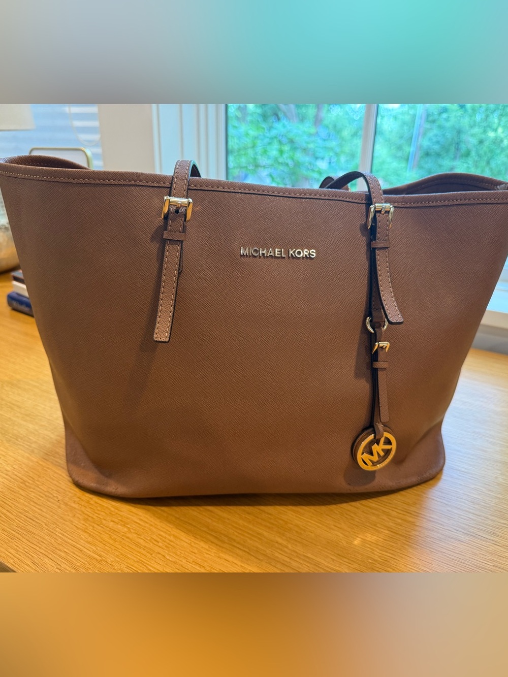 Michael Kors Cognac Saffiano Leather Tote with Gold MK Charm